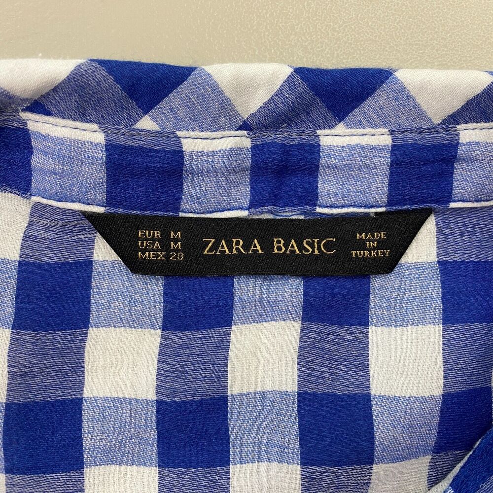 Zara‎ Basic Top Medium Womens Buffalo Plaid Button Up Pocket Silky Blue White - Picture 11 of 13